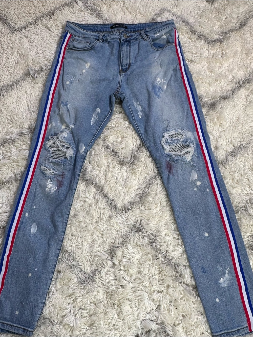 Distressed Light Blue Skinny Jeans with Red White Blue Side Stripes